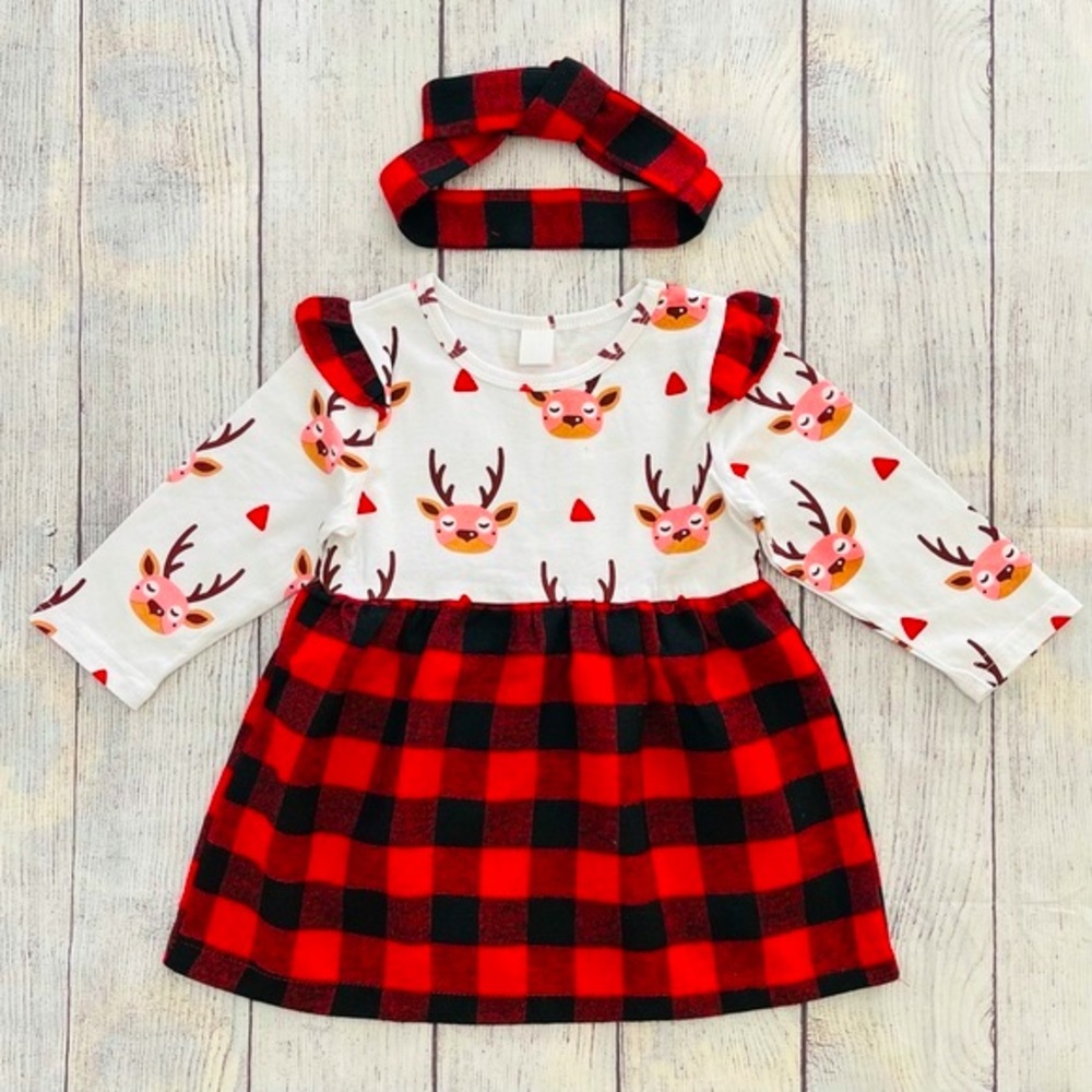 Baby Girls Buffalo Plaid Reindeer Dress, Size 9-12m